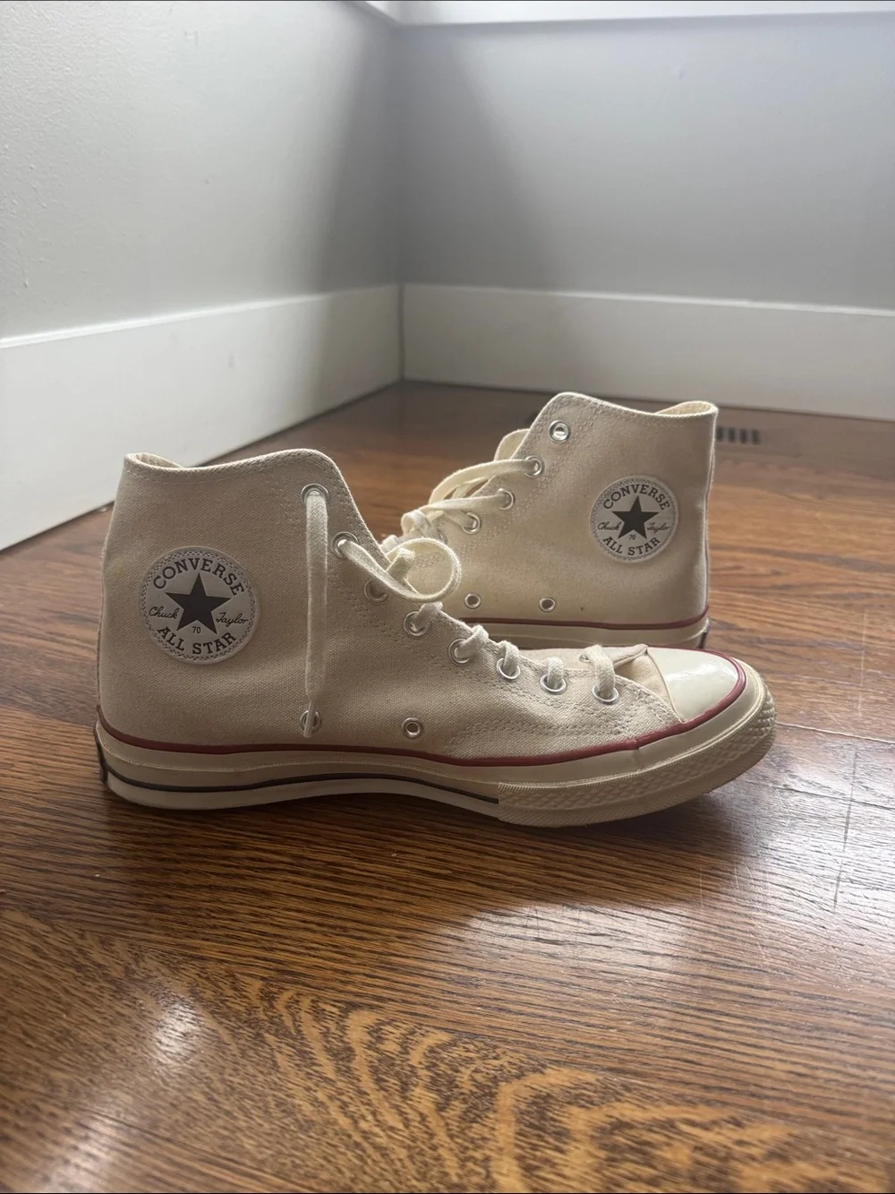 Converse High Top Sneakers - Cream and Red Trim - Picture 1 of 4